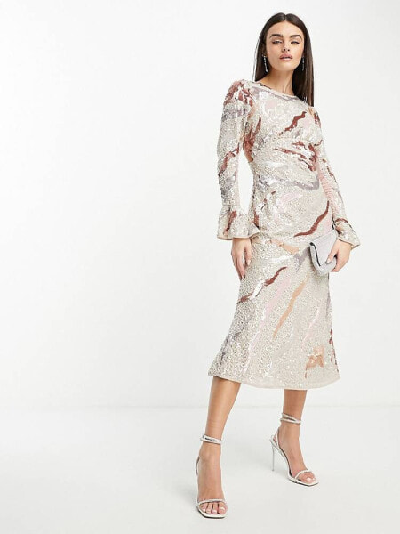 ASOS DESIGN embellished all over sequin midi dress with flared sleeve in neutral wave print