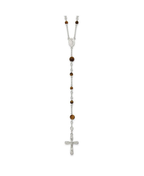Diamond2Deal sterling Silver Polished Tiger Eye Bead Rosary Pendant Necklace 33"
