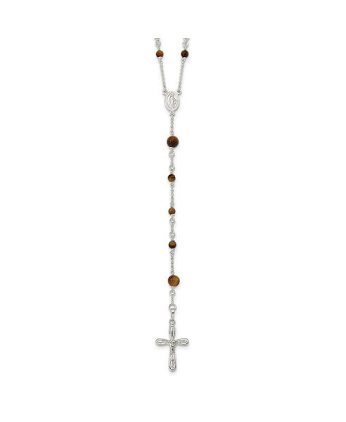 Sterling Silver Polished Tiger Eye Bead Rosary Pendant Necklace 33"