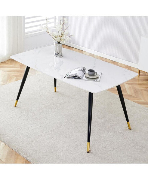 Minimalist White Marble Dining Table, 62"x34.6", Black Legs