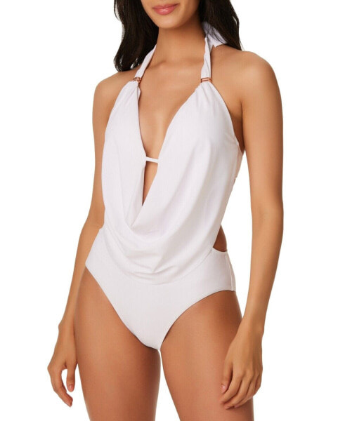 Bar Iii Womens olid Cowlneck One-Piece Swimsuit White Size L