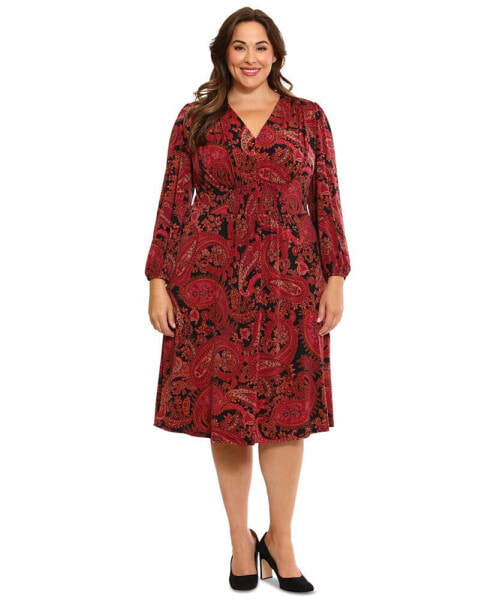 Plus Size Paisley V-Neck Long-Sleeve Midi Dress