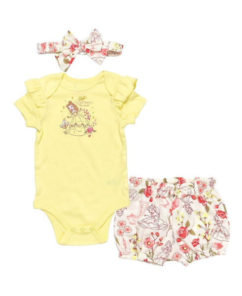 Baby Girls Princess Belle Baby Bodysuit Shorts and Headband 3 Piece Outfit Set