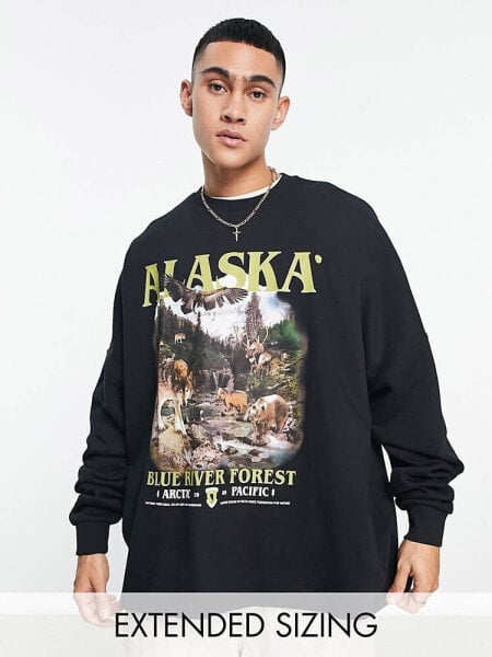 ASOS DESIGN extreme oversized sweatshirt with vintage outdoors print in charcoal