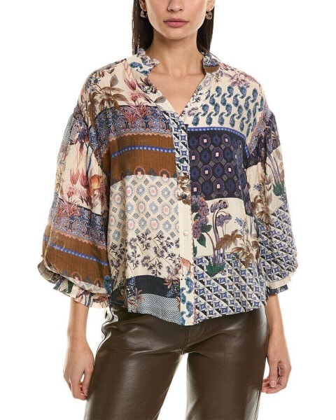 Fate Patchwork Print Bubble Sleeve Blouse Women's White S