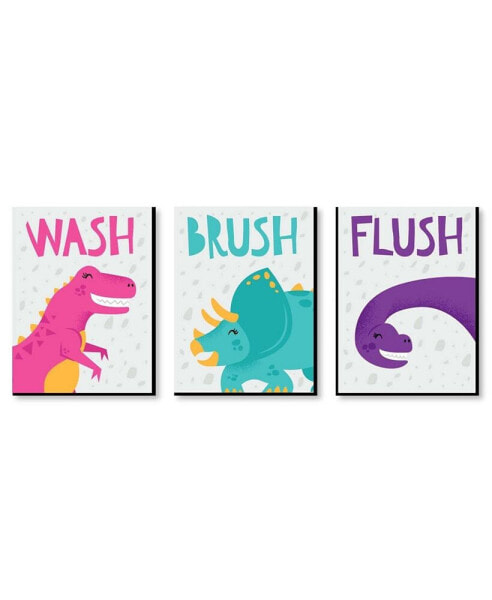 Roar Dinosaur Girl - Wall Art - 7.5 x 10 in - Set of 3 Signs - Wash Brush Flush