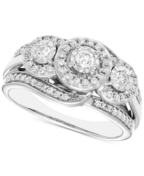 Diamond 3-Stone Triple Halo Ring (1/2 ct. t.w.) in 14k White Gold