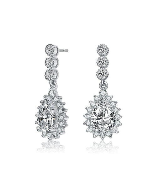 Sterling Silver with White Gold Plated Clear Pear and Round Cubic Zirconia Halo Drop Earrings
