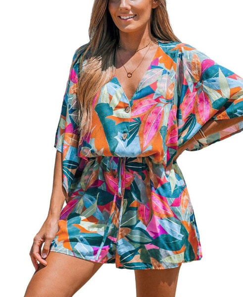 Women's Colorful Leaf Print Drawstring Romper