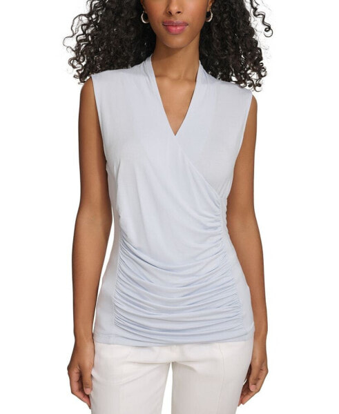 Petite Ruched-Front Sleeveless Surplice Top