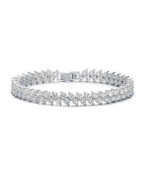 Gv White Gold Plated With Diamond Cubic Zirconia 2-stone Cluster Link Tennis Bracelet
