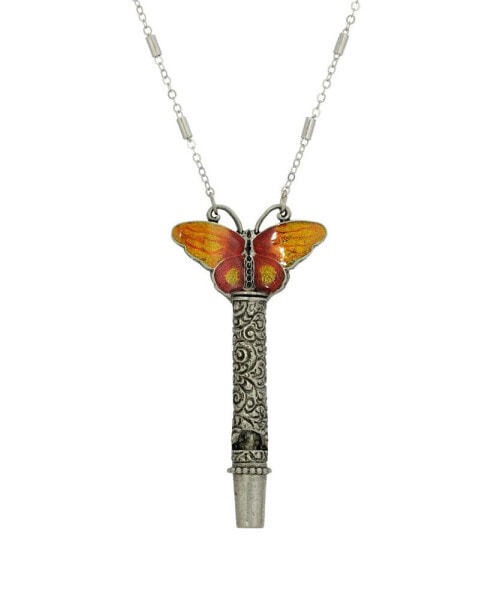 Women's Pewter Whistle with Orange Yellow Enamel Butterfly Necklace