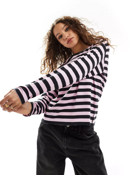 Monki long sleeve top in black and pink stripe