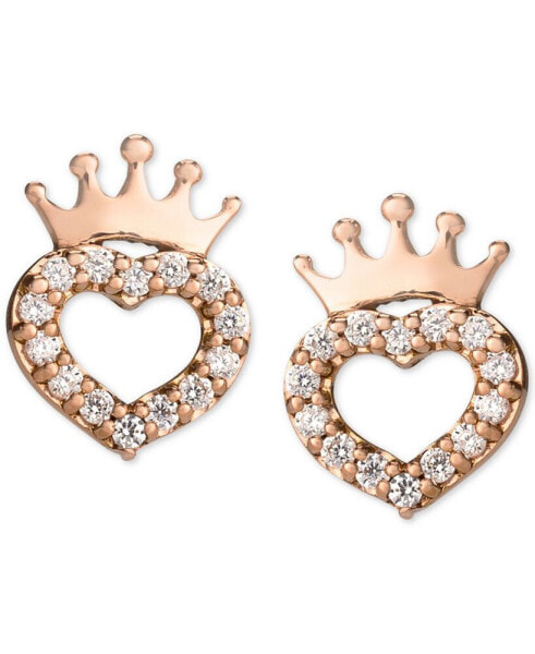 Children's Cubic Zirconia Heart & Crown Stud Earrings in 14k Rose Gold