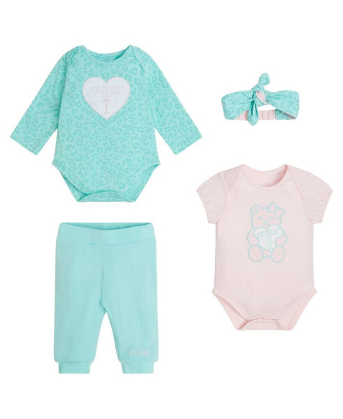 Baby Girls Bodysuits with Reversible Joggers and Headband, 4 Piece Set
