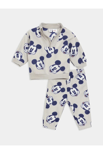 LCW baby Dik Yaka Mickey Mouse Desenli Polar Erkek Bebek Sweatshirt ve Eşofman Altı 2'li Takım