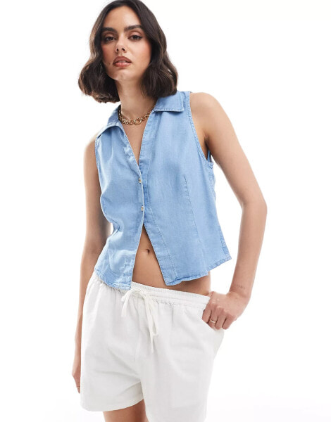 Mango lightweight co-ord denim waistcoat in light blue