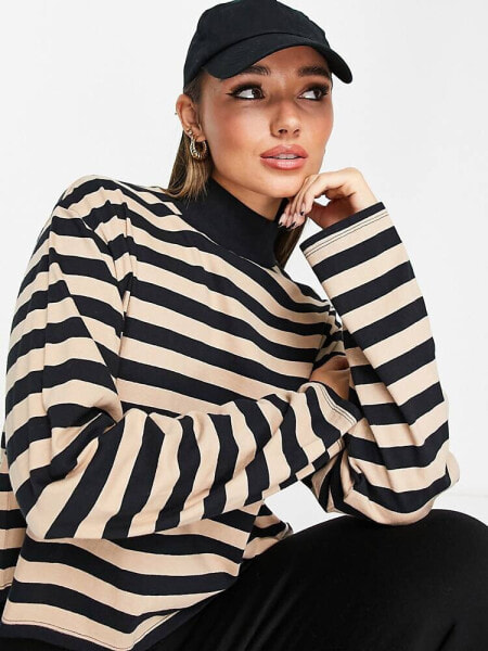 ASOS DESIGN high neck boxy long sleeve top in camel and black stripe
