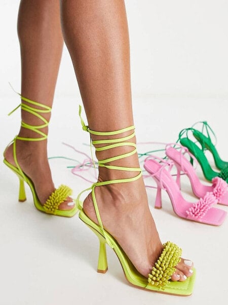 Topshop Riley beaded trim heeled sandal with ankle tie in lime