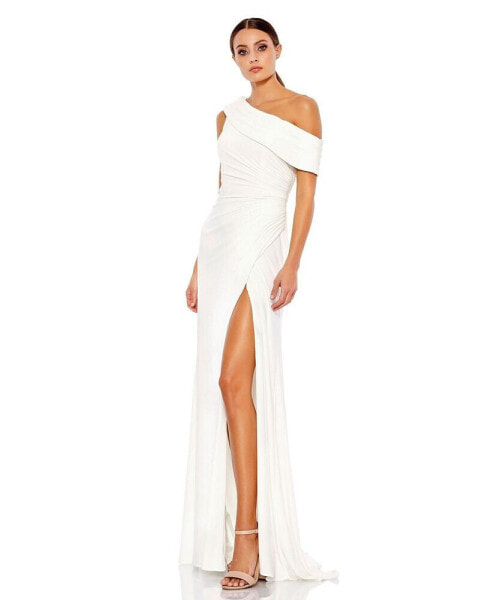 Women's Foldover One-Shoulder Slit Gown