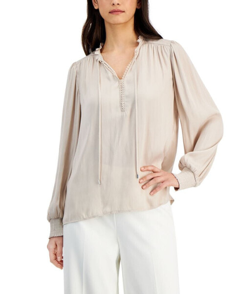 Women's Split Tie-Neck Smocked-Trim Top