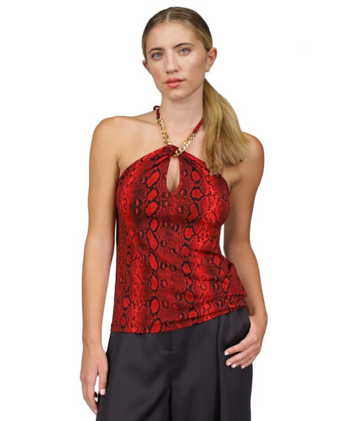 Women's Snakeskin-Print Chain-Neck Halter Top