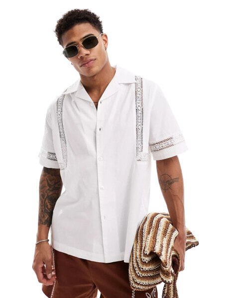 ASOS DESIGN relaxed revere shirt in poplin with crochet inserts in white