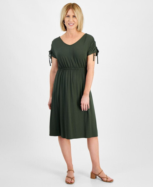 Petite V-Neck Shirred-Sleeve Knit Dress, Created for Macy's