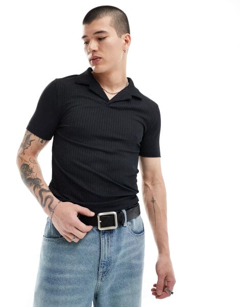 ASOS DESIGN polo in textured rib in black