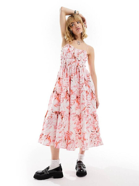 COLLUSION floral print tiered cami midi summer dress in pink