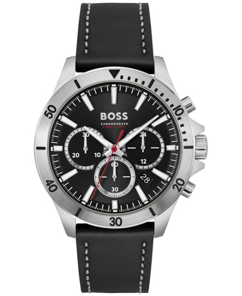 BOSS Men's Chronograph Troper Black Leather Strap Watch 45mm