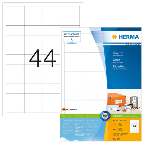 HERMA Labels Premium A4 48.3x25.4 mm white paper matt 8800 pcs. - White - Self-adhesive printer label - A4 - Paper - Laser/Inkjet - Permanent