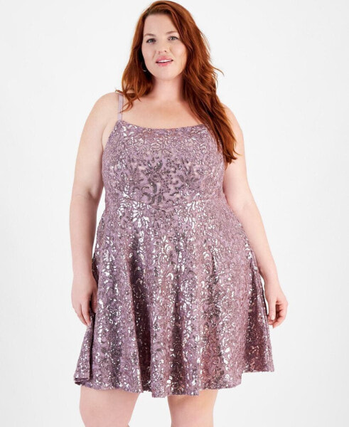 Trendy Plus Size Straight-Neck Sequin Lace Skater Dress