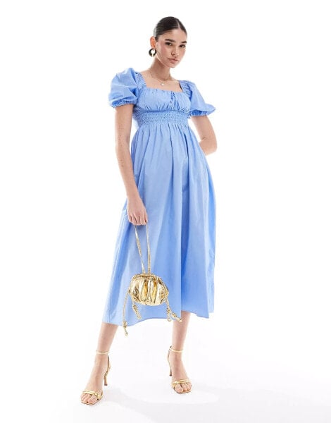 & Other Stories midi dress with puff sleeves and shirred back detail in blue