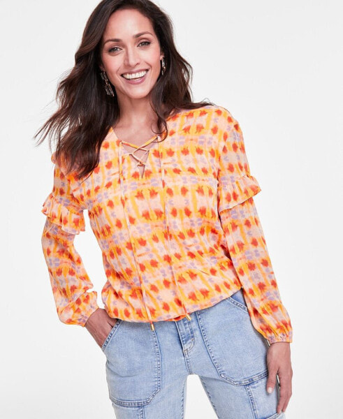 Women's Printed Lace-Up Blouse, Created for Macy's