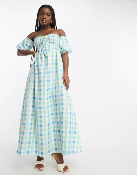 The Frolic check off-shoulder shirred maxi dress in blue