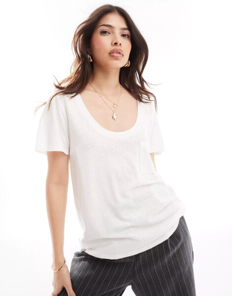 ASOS DESIGN linen look scoop neck pocket tee in white