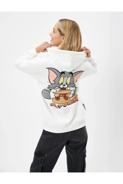 Tom ve Jerry Arkası Baskılı Kapşonlu Sweatshirt Lisanslı