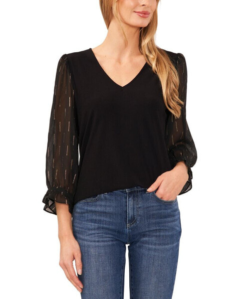 Women's V-Neck Sheer Mixed-Media Gold Lurex 3/4-Sleeve Knit Top