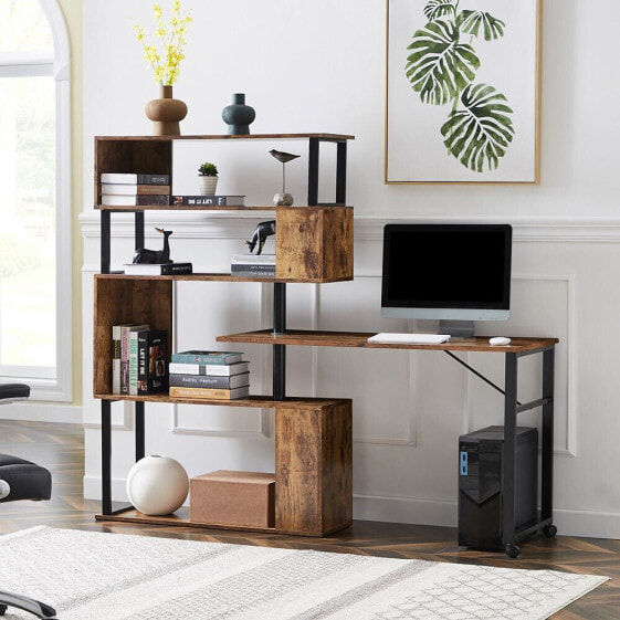 Home Office Computer Desk L-Shaped Corner Table, Rotating Computer Table With 5-Tier Bookshelf