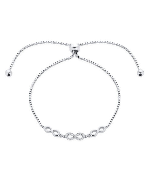 Delicate Dainty Romantic Symbols Love Knot Trio Multi CZ Accent Infinity Bolo Bracelet For Women Teens .925 Sterling Silver Adjustable Slide