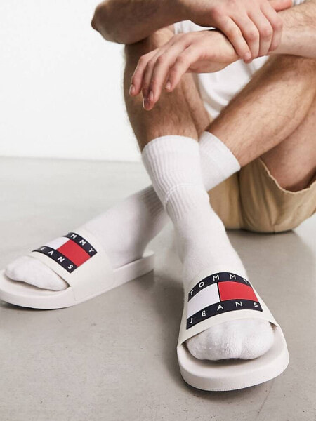 Tommy Jeans flag logo pool sliders in white