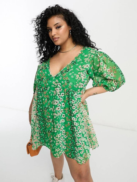 Wednesday's Girl Curve puff sleeve mini smock dress in green patchwork 