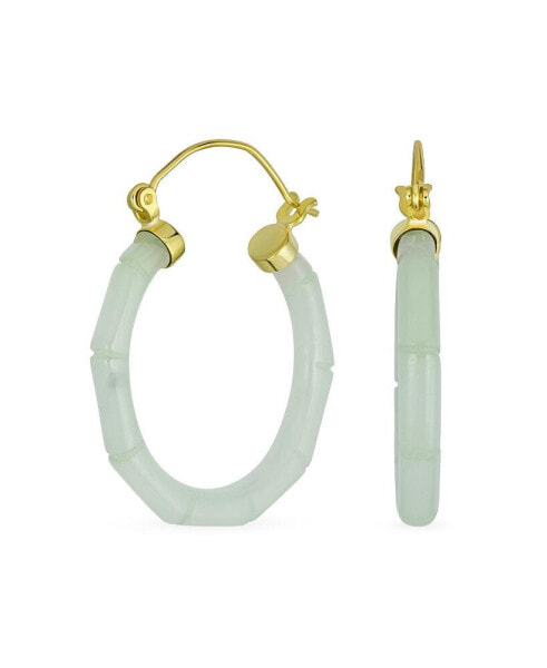 Light Green Jade Genuine Gemstone Green Round Bamboo Jade Hoop Earrings For Women 14K Gold Plated .925 Sterling Silver 1.2 Inch Diameter
