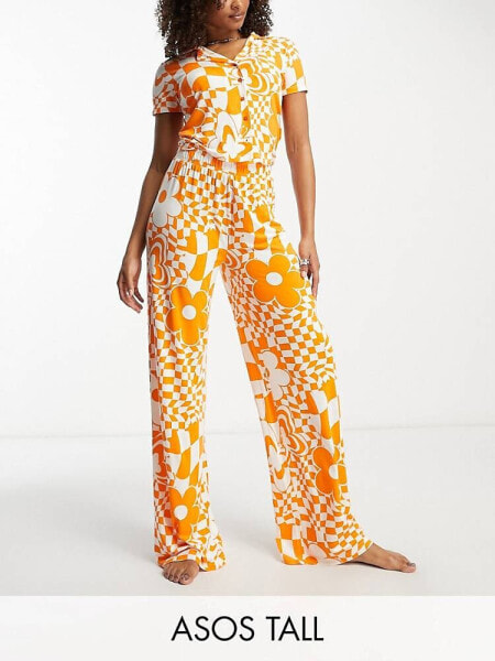 ASOS DESIGN Tall exclusive viscose floral checkerboard shirt & trouser pyjama set in orange