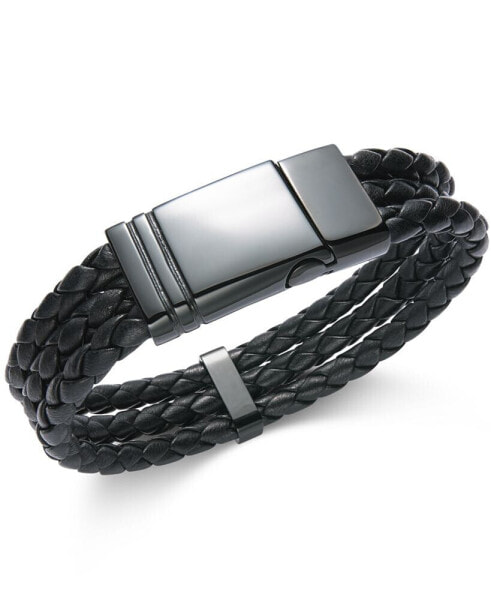 Men's Black Stainless Steel Triple Row Braided Leather Bracelet