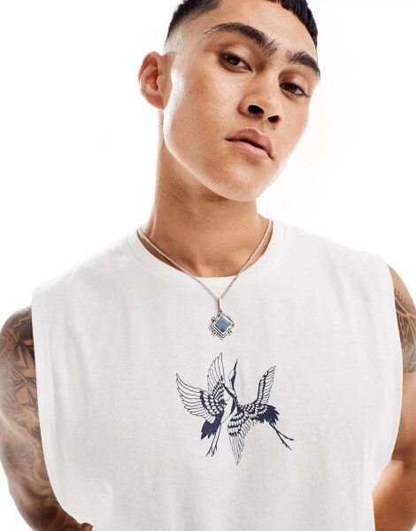 Jack & Jones oversized crane front print vest in white