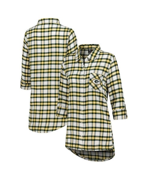 Women's Green Green Bay Packers Sienna Plaid Full-Button Long Sleeve Nightshirt