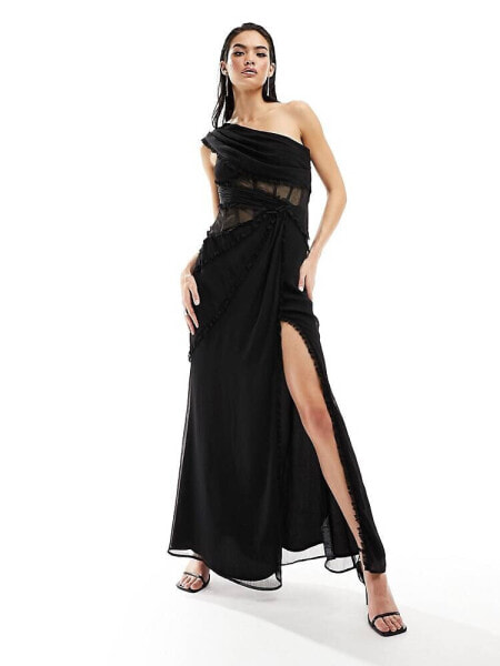 ASOS DESIGN one shoulder raw edge maxi dress with sheer panelling in black