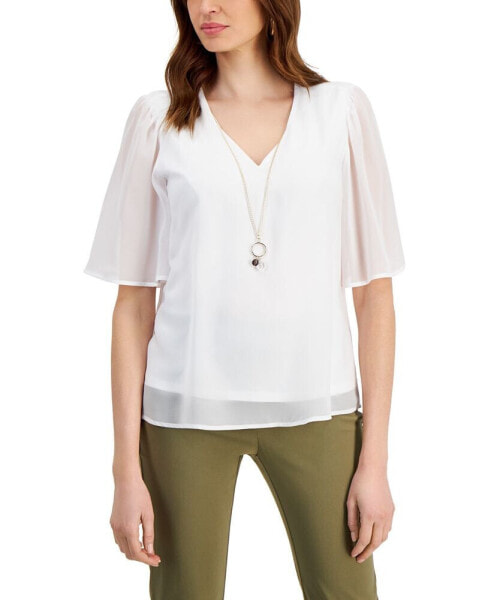 Блузка с воротником V-образным JM Collection, с рукавами-фонариками, с кулоном - модель для Macy's
